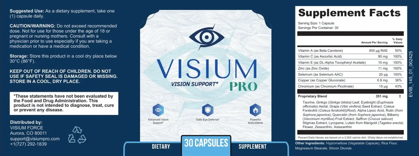 Full Visium Pro supplied label artwork with Supplement Facts